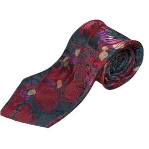 Milano Men's 100% Silk Necktie Red&Green Floral Print Tie  58"x3.5"